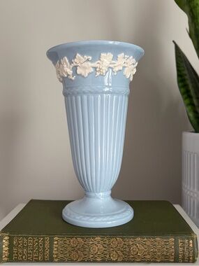 Wedgwood Pale Blue Queen’s Ware Ceramic Vase with Cream Grapevine Relief